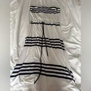 Banana Republic Strapless Navy White Striped Midi Dress Size L Nautical Stretch